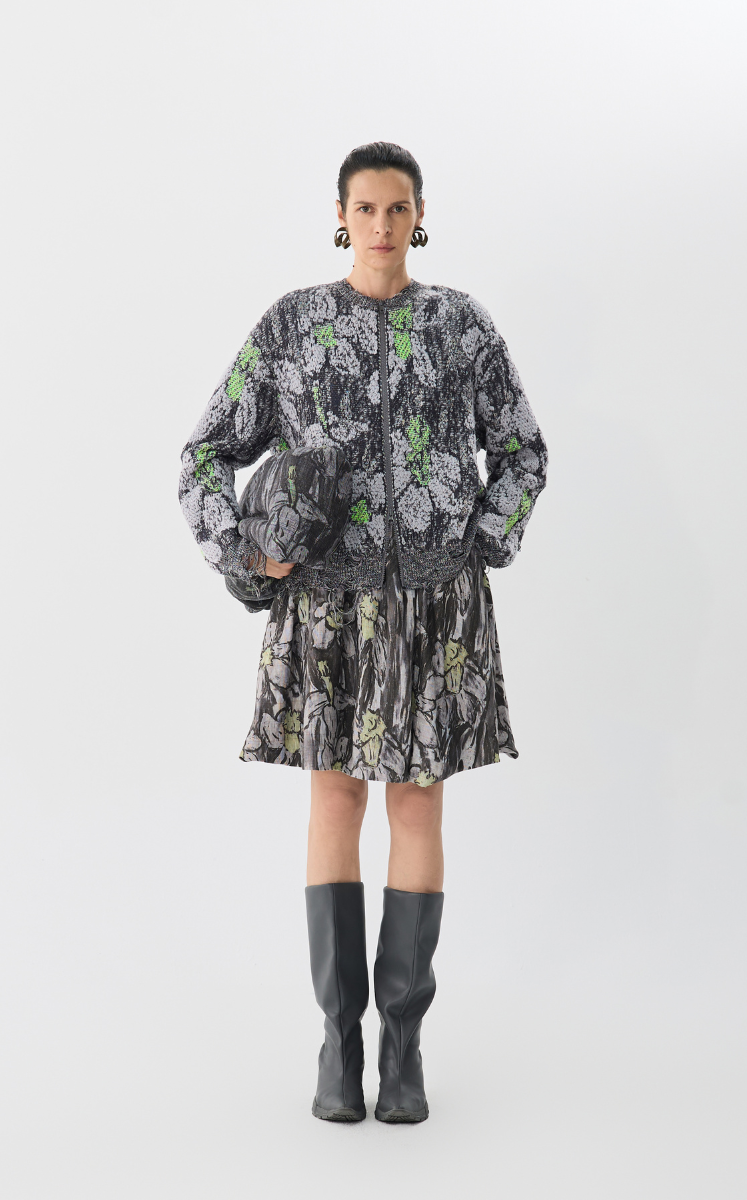 Sweater / JNBY Hand-Painted Daffodil Crop Cardigan Green-Grey