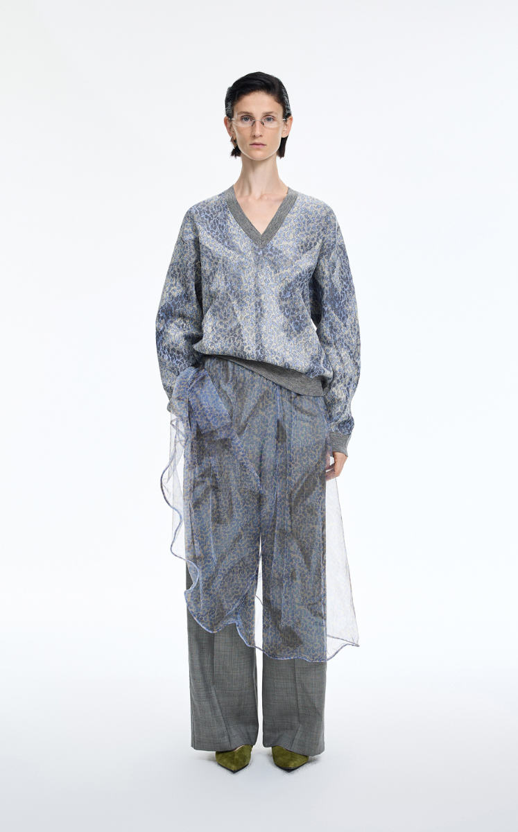 Sweater / JNBY Herringbone Pleated V-Neck Pullover Grey Blue