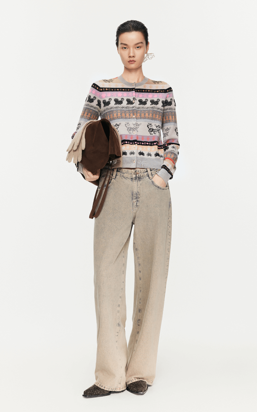 Sweater / JNBY Intarsia-Knitted Crew-Neck Cardigan Mixed Light Pink