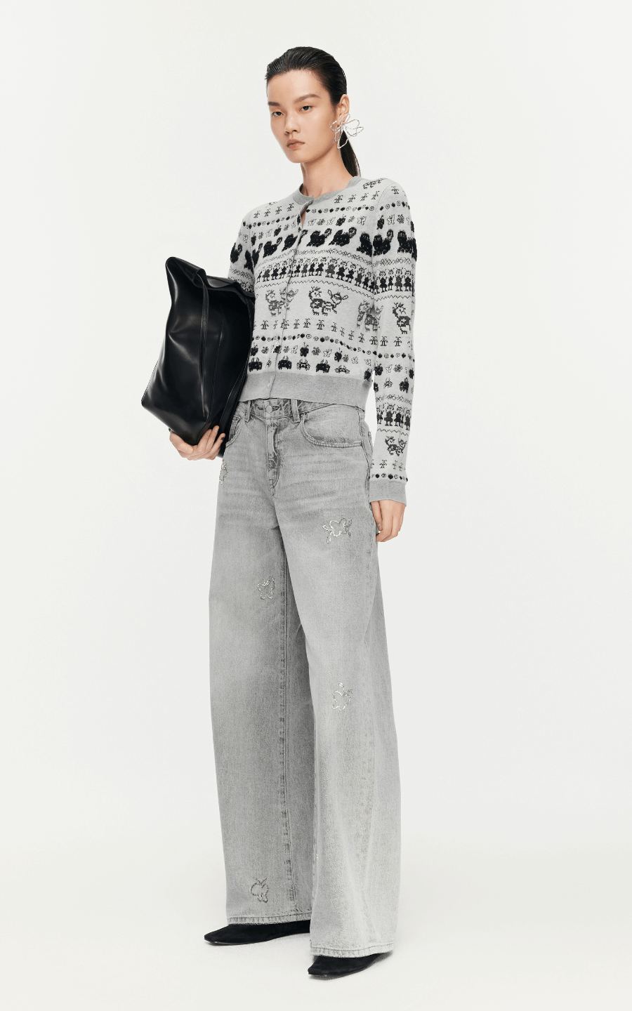 Sweater / JNBY Intarsia-Knitted Crew-Neck Cardigan Rice Black Dual-Tone