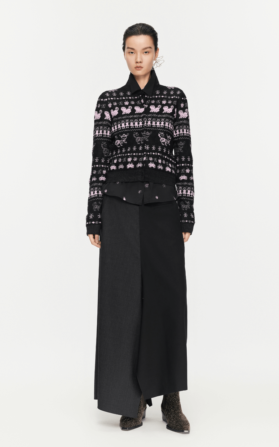 Sweater / JNBY Intarsia-Knitted Crew-Neck Cardigan Mixed Pink