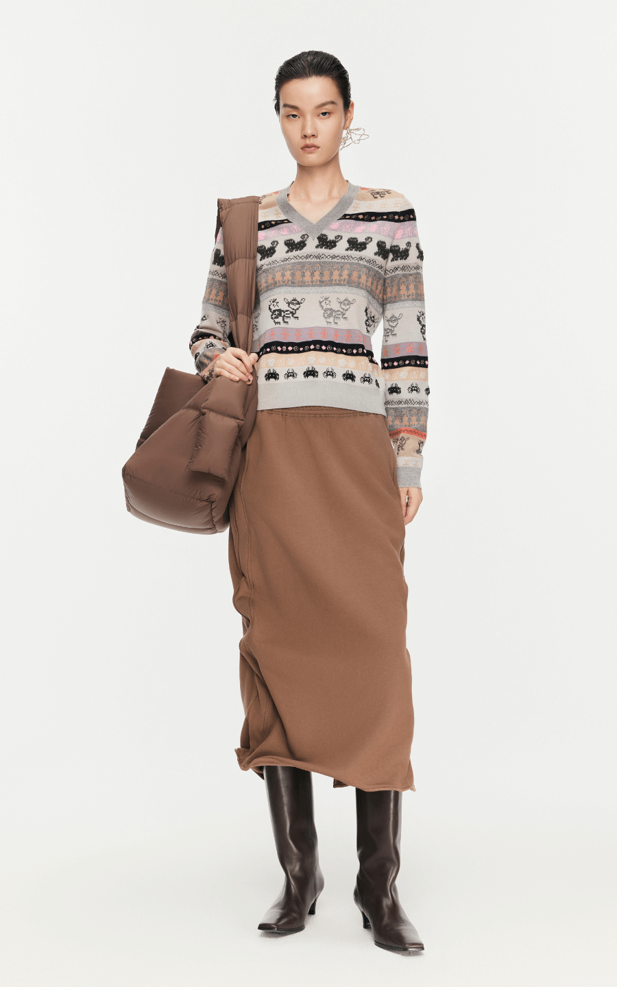 Sweater / JNBY Intarsia-Knitted V-Neck Jumper Mixed Light Pink