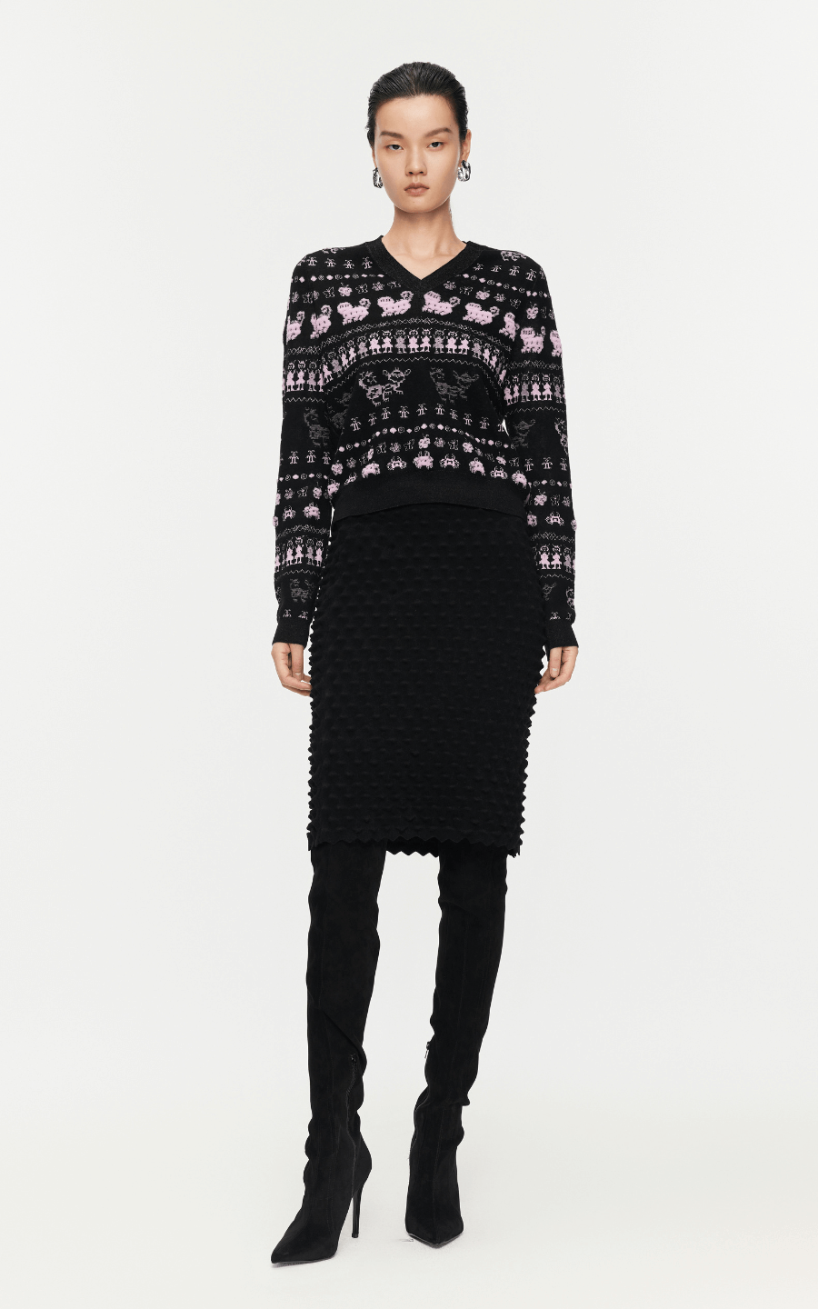 Sweater / JNBY Intarsia-Knitted V-Neck Jumper Mixed Pink