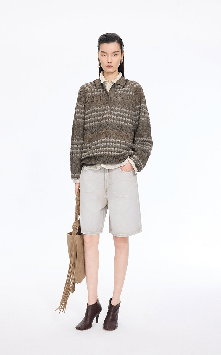 Sweater / JNBY Jacquard Raglan Cotton Blend Sweater Grey Marl