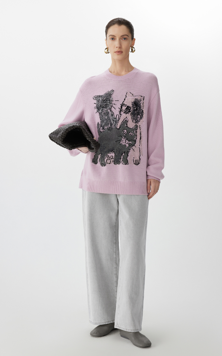Sweater / JNBY Loose Fit Cat Print Long-Sleeve Sweater Pink