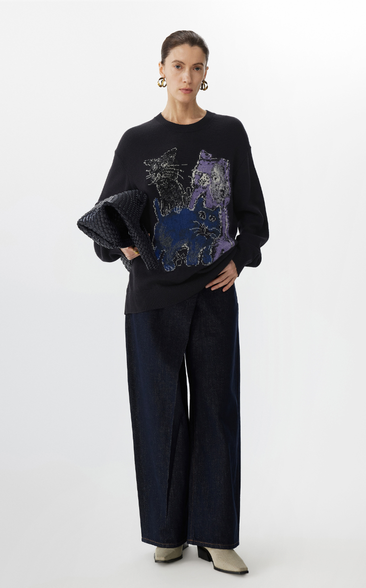 Sweater / JNBY Loose Fit Cat Print Long-Sleeve Sweater Black