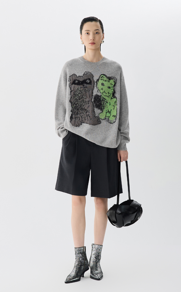 Sweater / JNBY Loose Fit Cat Print Long-Sleeve Sweater Grey