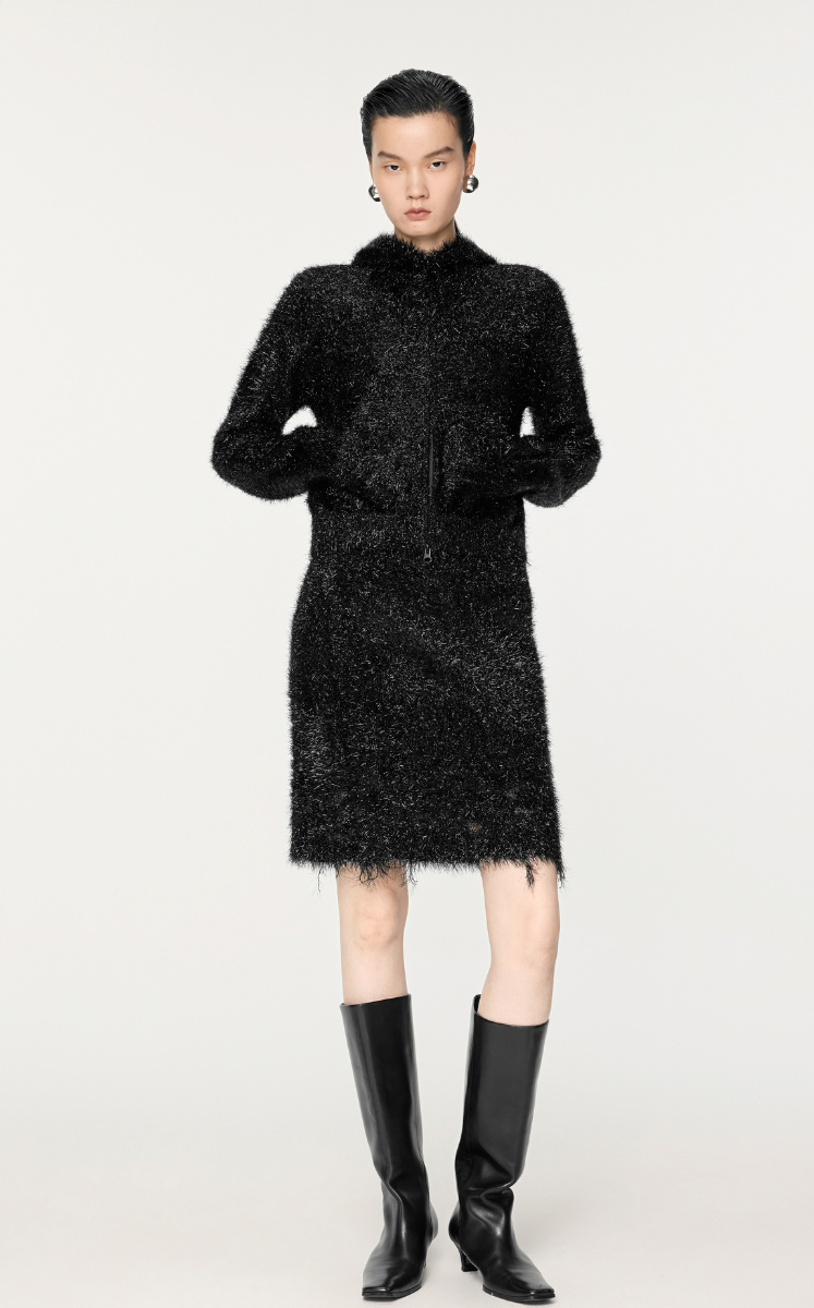 Sweater / JNBY Metallic-Thread Hooded Zip-Closure Cardigan Black