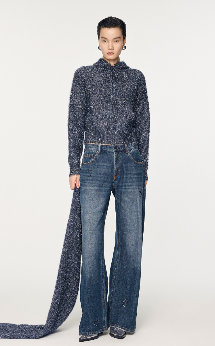 Sweater / JNBY Metallic-Thread Hooded Zip-Closure Cardigan Blue
