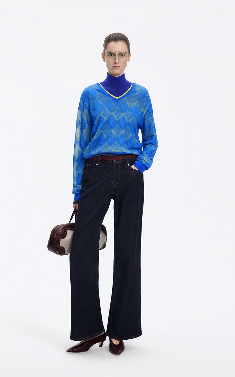 Sweater / JNBY Cotton Blend V-Neck Textured Knit Klein Blue