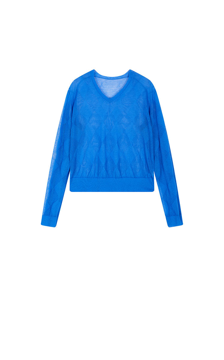 Sweater / JNBY Cotton Blend V-Neck Textured Knit Klein Blue-2
