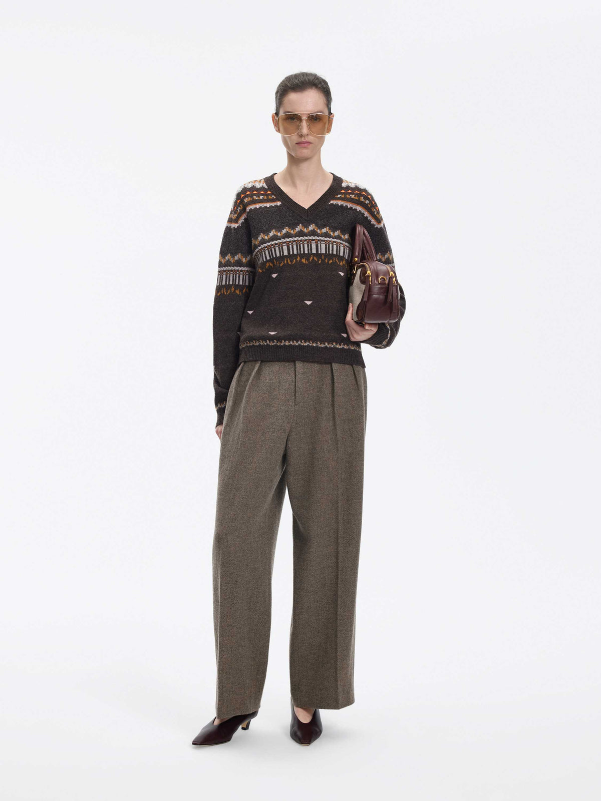 Sweater / JNBY Merino Wool Boat Neck Jacquard Pullover Dark Brown Mix-1