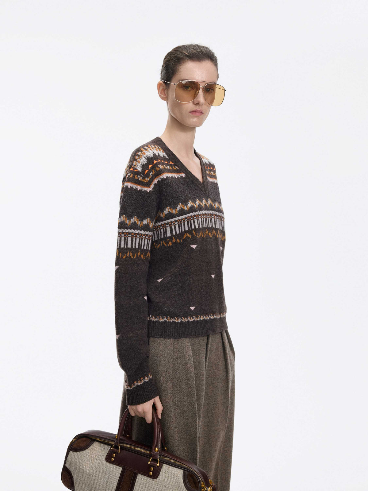 Sweater / JNBY Merino Wool Boat Neck Jacquard Pullover Dark Brown Mix-1