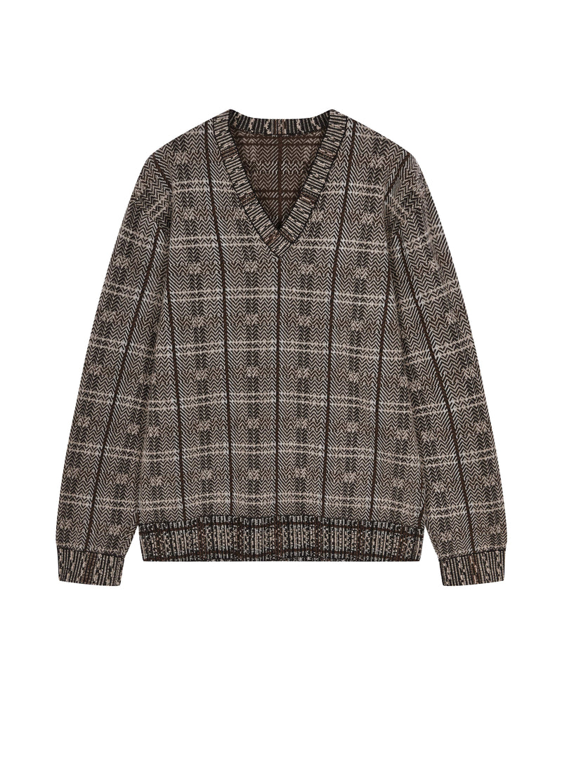 Sweater / JNBY Merino Wool Jacquard Stand Collar Pullover Black-Khaki-1