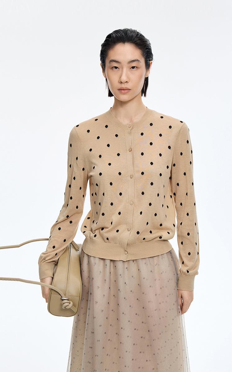 Sweater / JNBY Polka Dot Cropped Cotton Blend Cardigan Dark Khaki-1