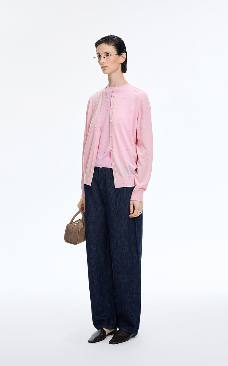 Sweater / JNBY Round-Veck Lyocell Wool Cardigan Light Pink-1