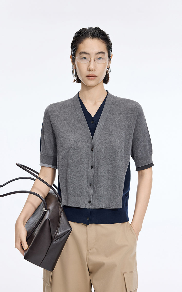 Sweater / JNBY V-Neck layered Mid-Length Cardigan Blue Grey-2