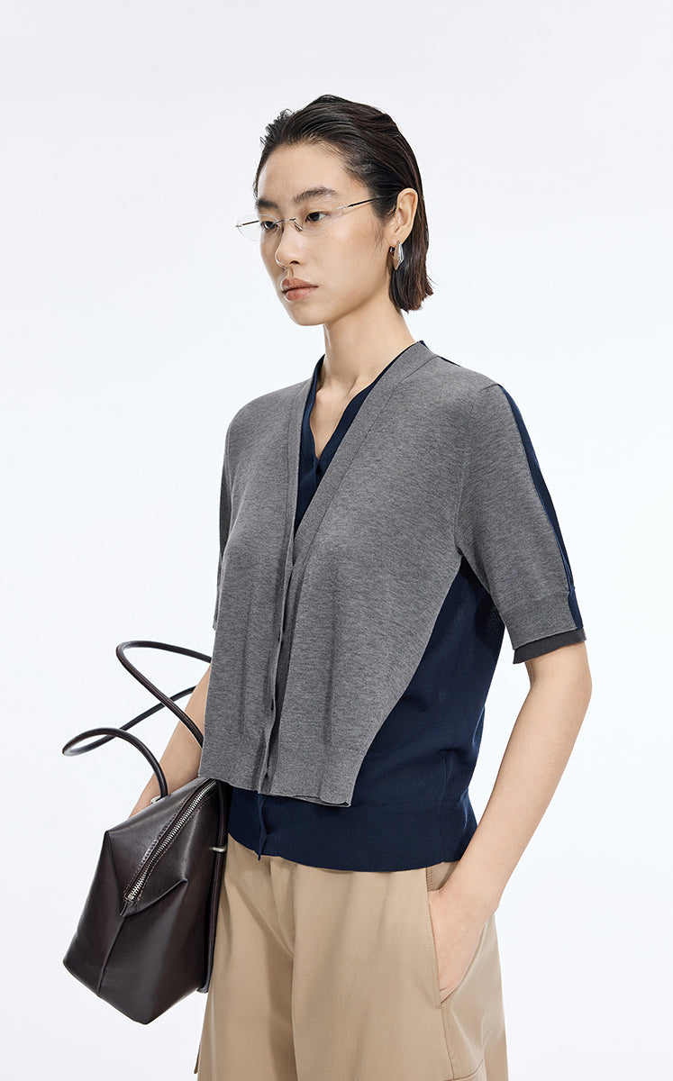 Sweater / JNBY V-Neck layered Mid-Length Cardigan Blue Grey-2