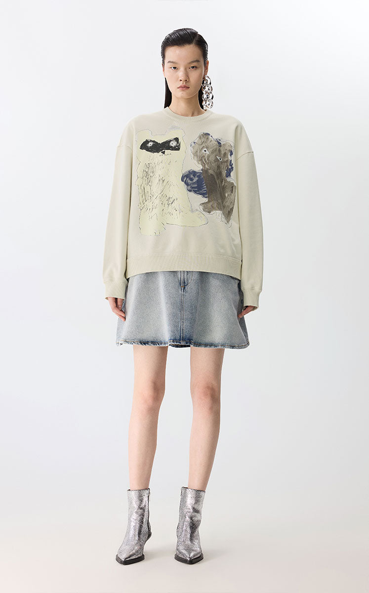 Sweatshirt / JNBY Playful Cat Oversized Cotton Sweatshirt White