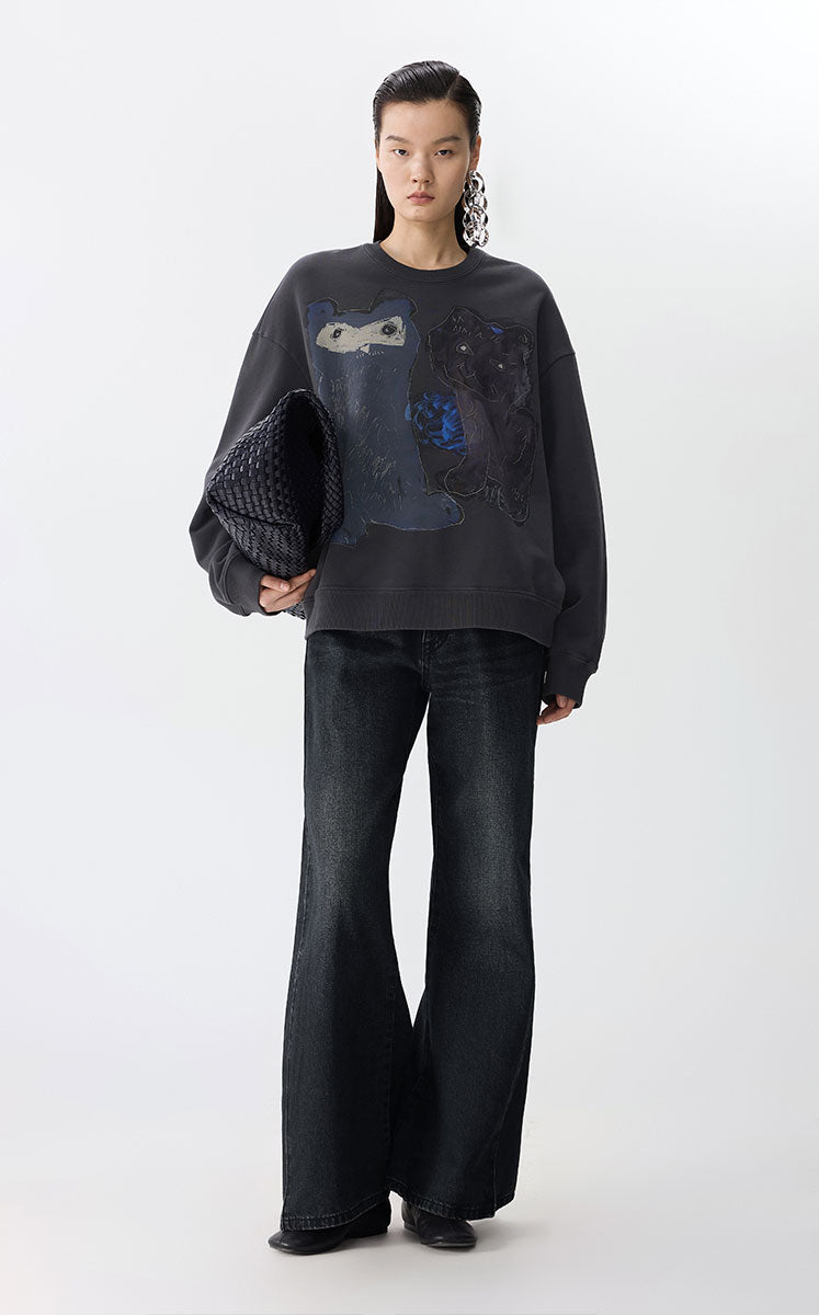 Sweatshirt / JNBY Playful Cat Oversized Cotton Sweatshirt Black