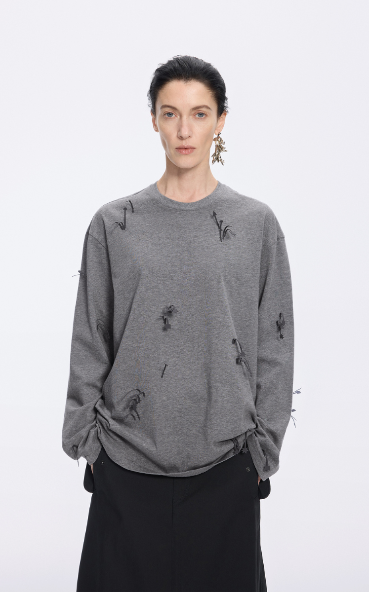 T-Shirt / JNBY 3D Floral Fringe Cotton Long Sleeve Tee