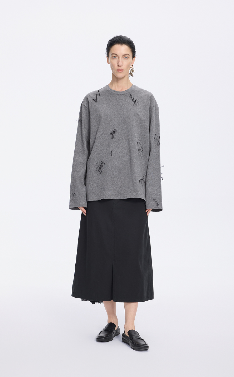 T-Shirt / JNBY 3D Floral Fringe Cotton Long Sleeve Tee Grey
