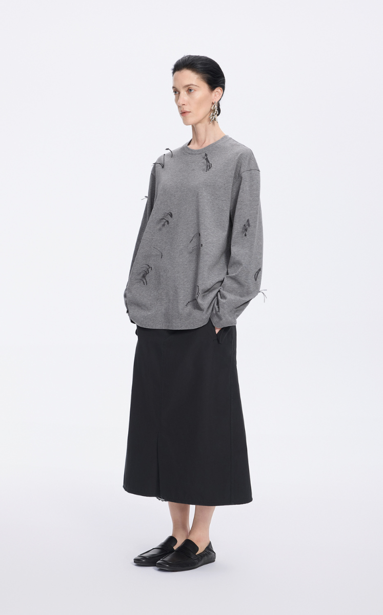 T-Shirt / JNBY 3D Floral Fringe Cotton Long Sleeve Tee