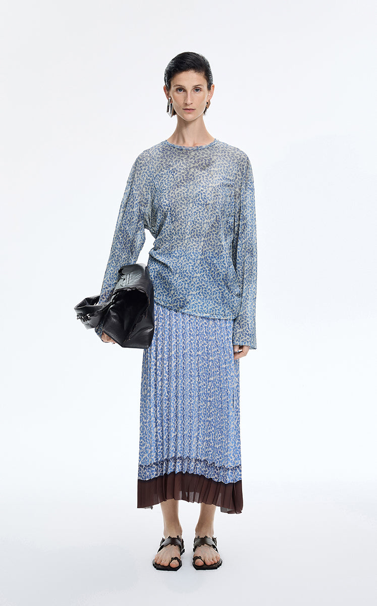T-Shirt / JNBY Abstract Pattern Sheer Mesh Long Sleeve T-Shirt Blue Grey