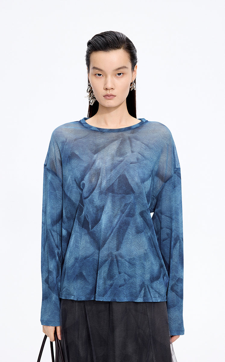 T-Shirt / JNBY Abstract Pattern Sheer Mesh Long Sleeve T-Shirt