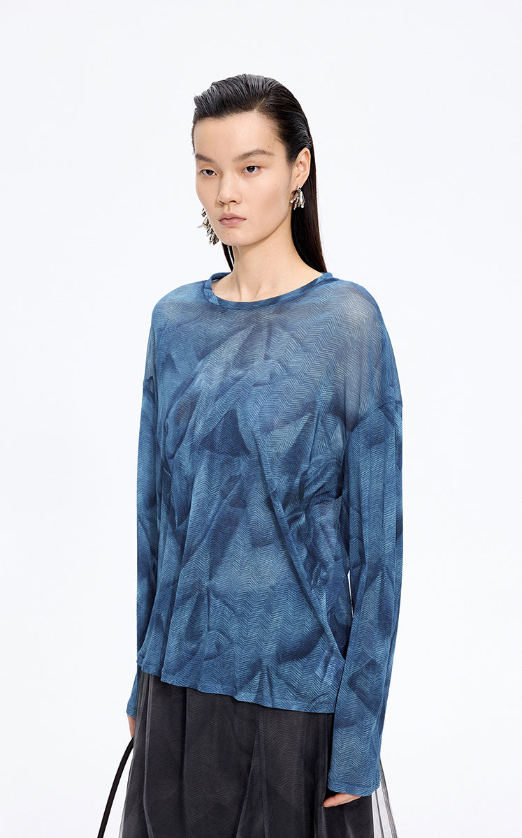 T-Shirt / JNBY Abstract Pattern Sheer Mesh Long Sleeve T-Shirt