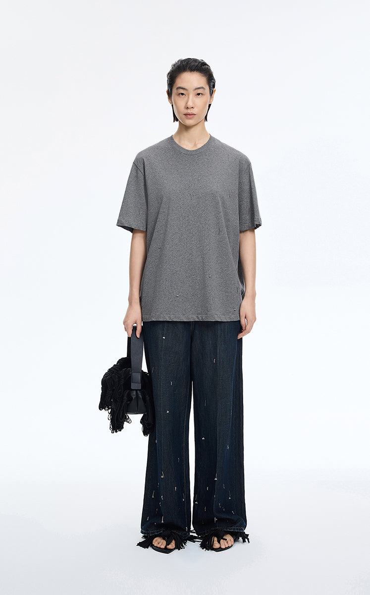 T-Shirt / JNBY Beaded Cotton Oversized Short Sleeve T-Shirt Mid Grey Marl