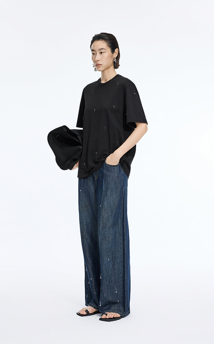 T-Shirt / JNBY Beaded Cotton Oversized Short Sleeve T-Shirt