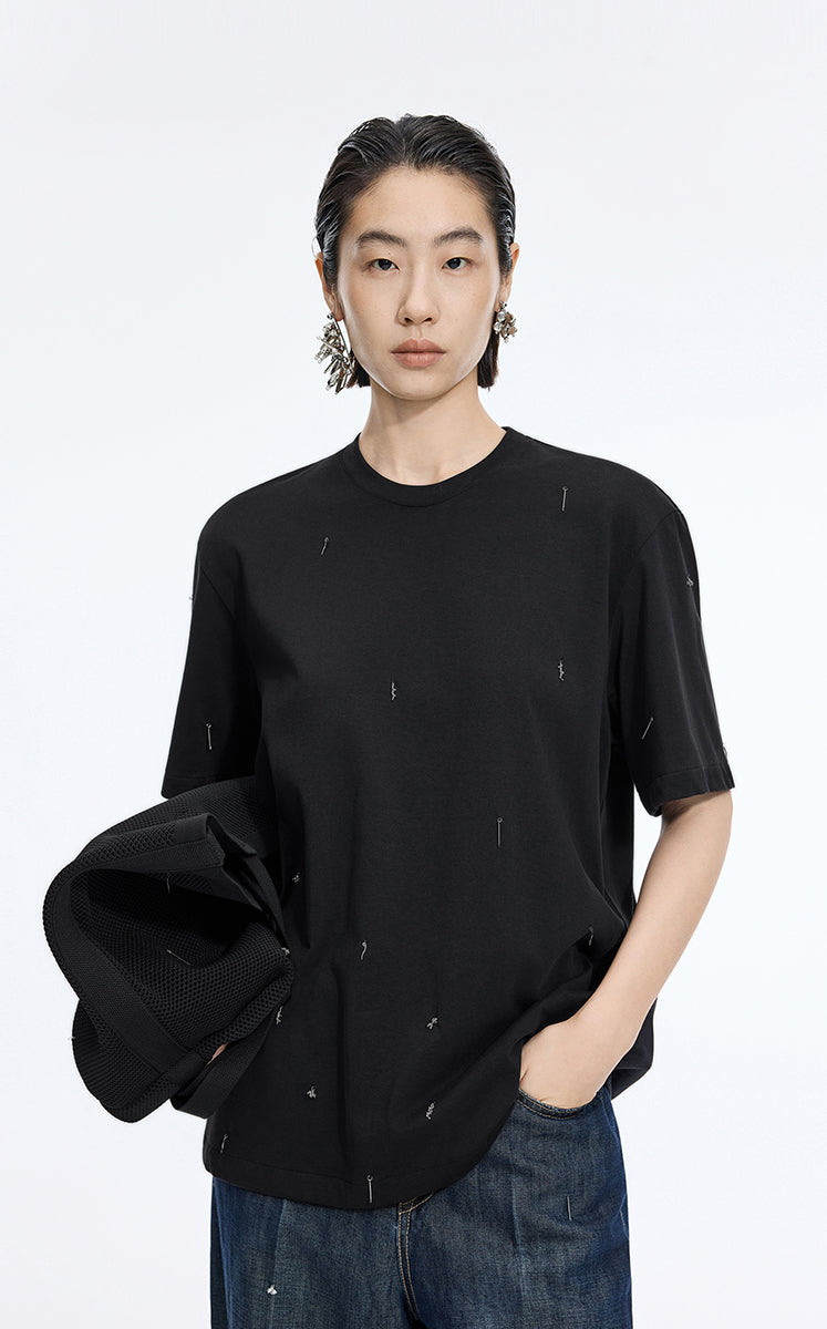 T-Shirt / JNBY Beaded Cotton Oversized Short Sleeve T-Shirt