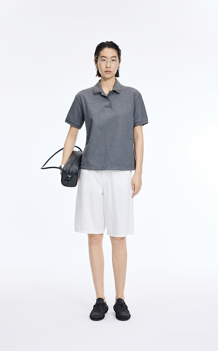 T-Shirt / JNBY Cropped Cotton Blend Polo Shirt Mid Grey Marl