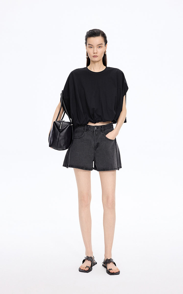 T-Shirt / JNBY Cropped Cotton Relaxed Fit T-Shirt Black