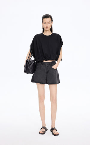 T-Shirt / JNBY Cropped Cotton Relaxed Fit T-Shirt Black