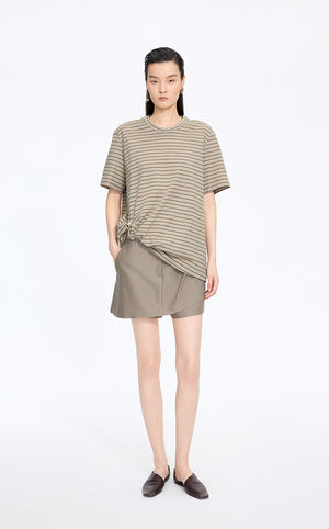 T-Shirt / JNBY Draped Pleated Hem Cotton T-Shirt Khaki Check Stripe