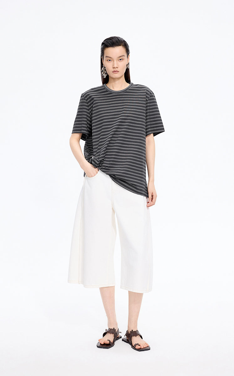 T-Shirt / JNBY Draped Pleated Hem Cotton T-Shirt Black & Grey Check