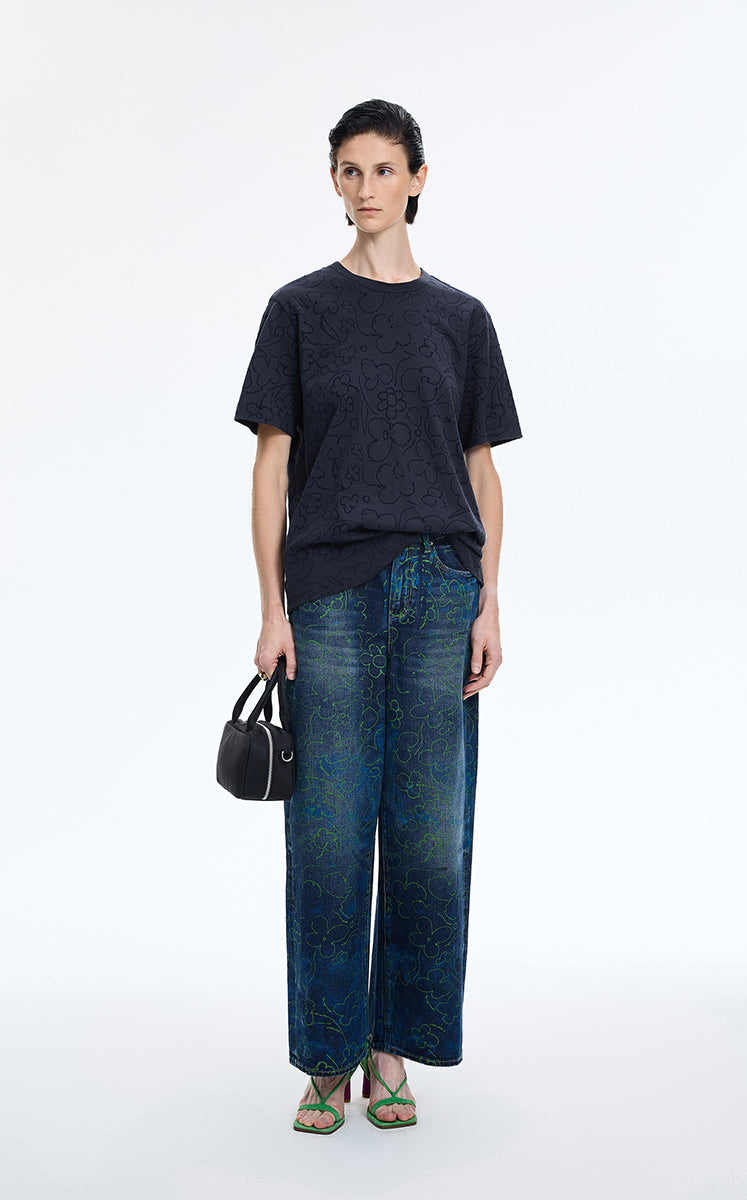 T-Shirt / JNBY Flocked Floral Cotton T-Shirt Blue Grey