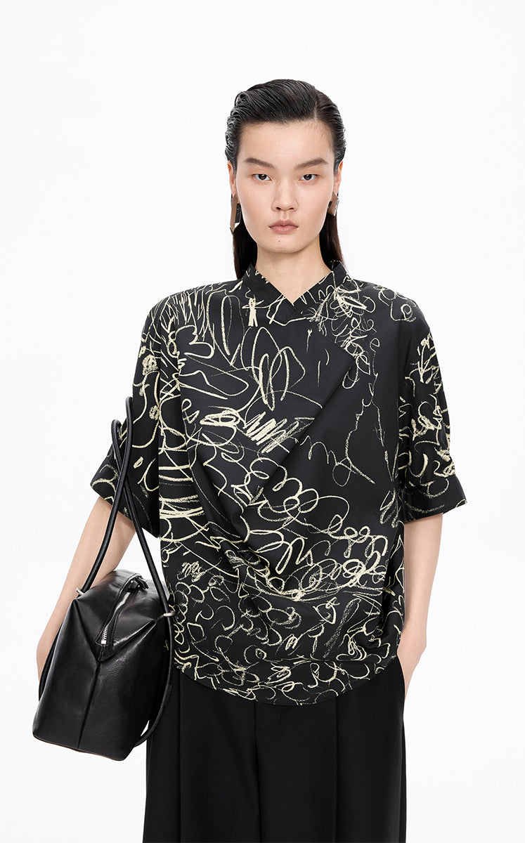 T-Shirt / JNBY Hand-Drawn Floral Wrap-Neck Cotton Top