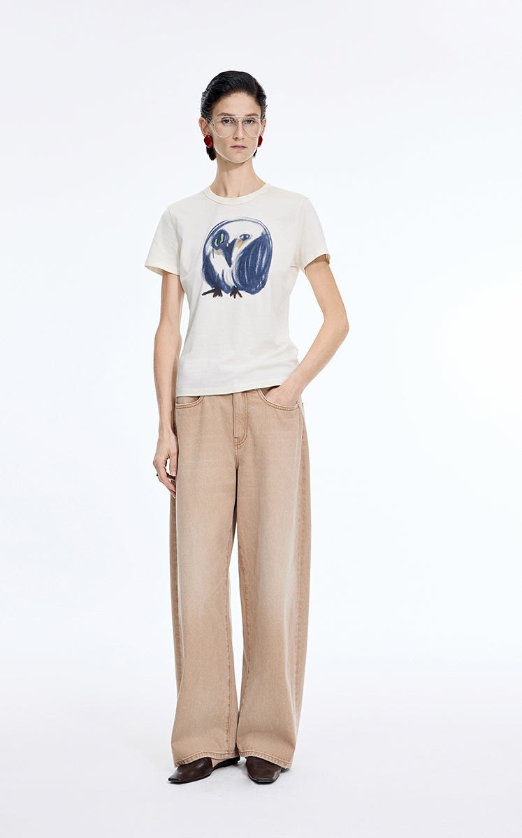 T-Shirt / JNBY Hand-Drawn Graphic Cotton T-Shirt Light Beige