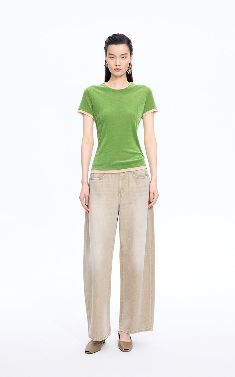 T-Shirt / JNBY Layered Slim-Fit Flocked T-Shirt Pink Green Tone