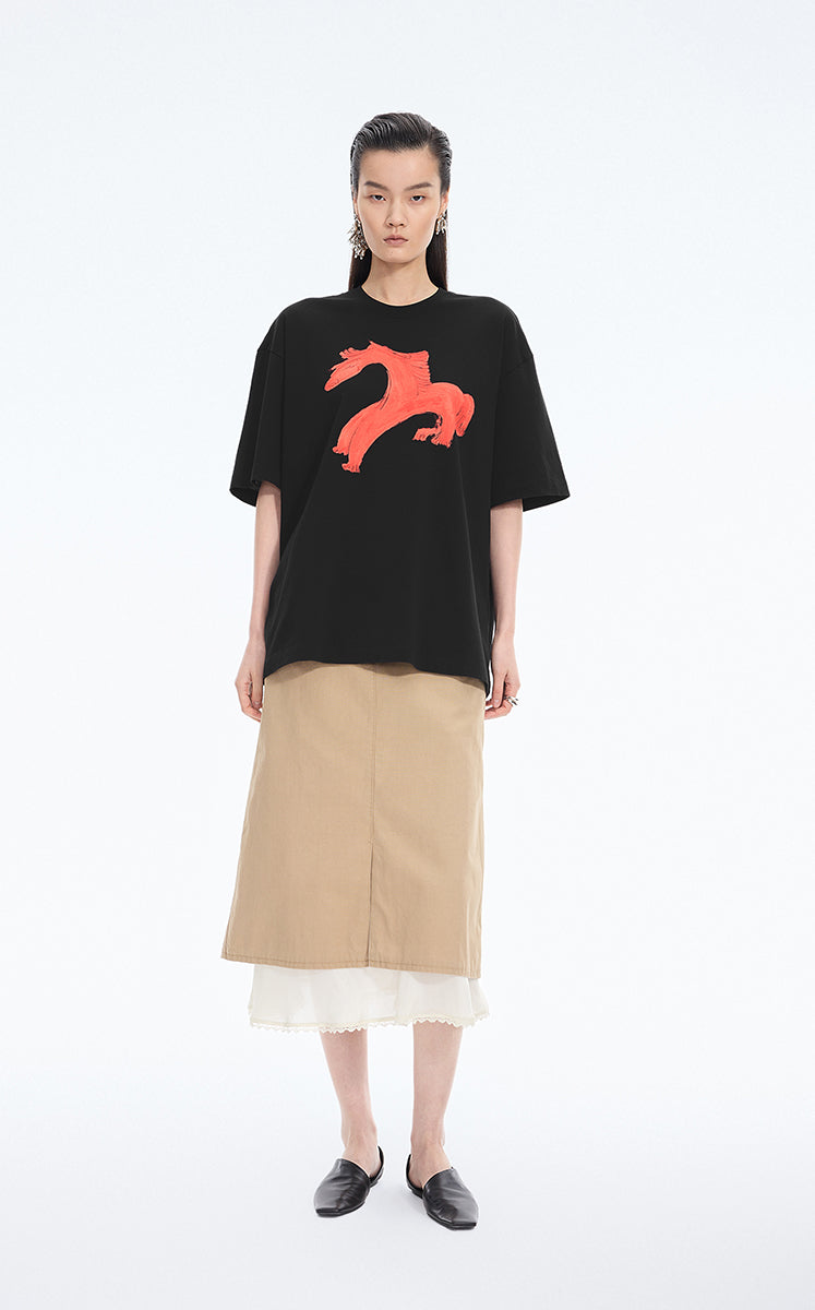 T-Shirt / JNBY Loose Pony Graphic Cotton Tee Black