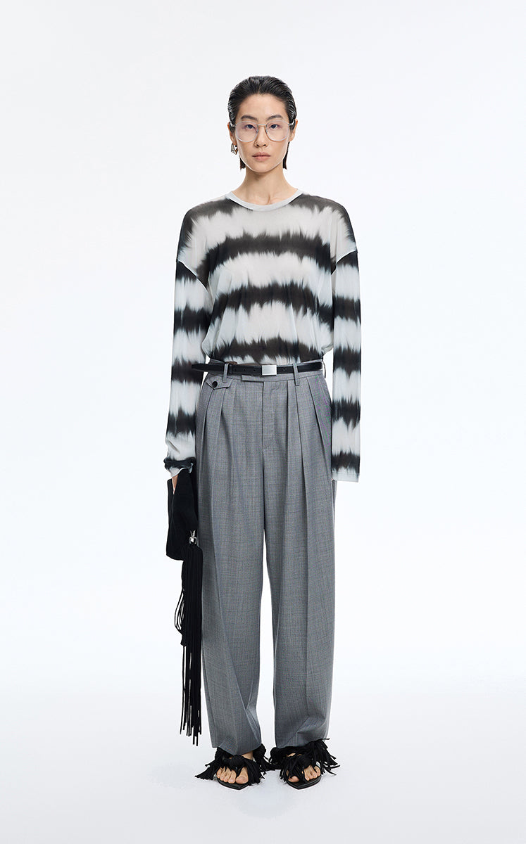 T-Shirt / JNBY Sheer Stripe Mesh Long Sleeve T-Shirt Black & White