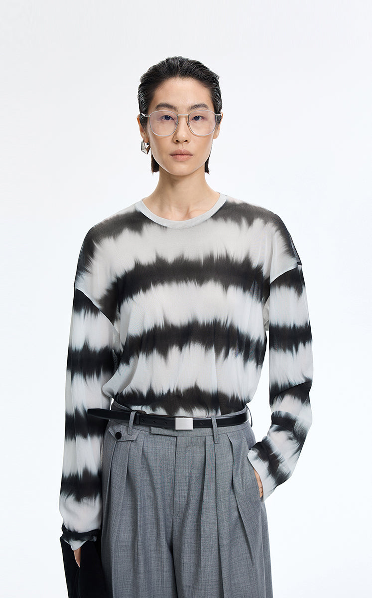 T-Shirt / JNBY Sheer Stripe Mesh Long Sleeve T-Shirt
