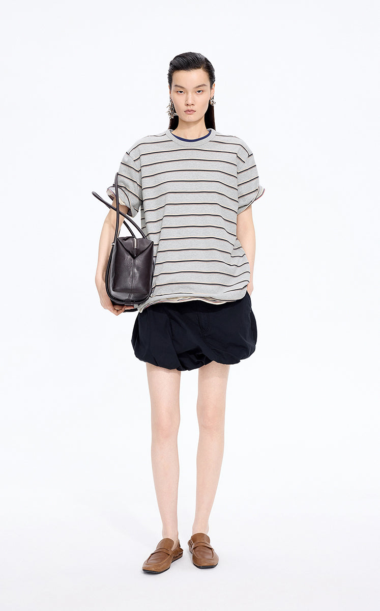 T-Shirt / JNBY Striped Sculptural Hem Cotton T-Shirt Grey