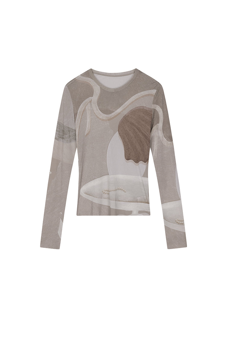T-Shirt / JNBY Abstract Print Stretch Mesh Slim Fit Top