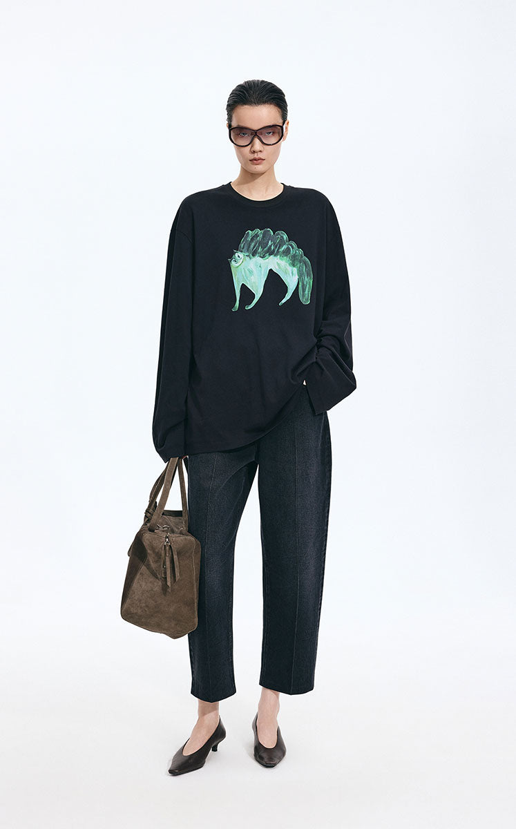 T-Shirt / JNBY Cotton Acrylic Cat Print Oversized Tee Black