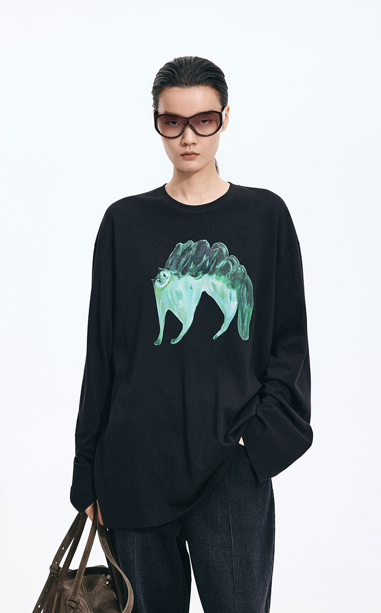 T-Shirt / JNBY Cotton Acrylic Cat Print Oversized Tee