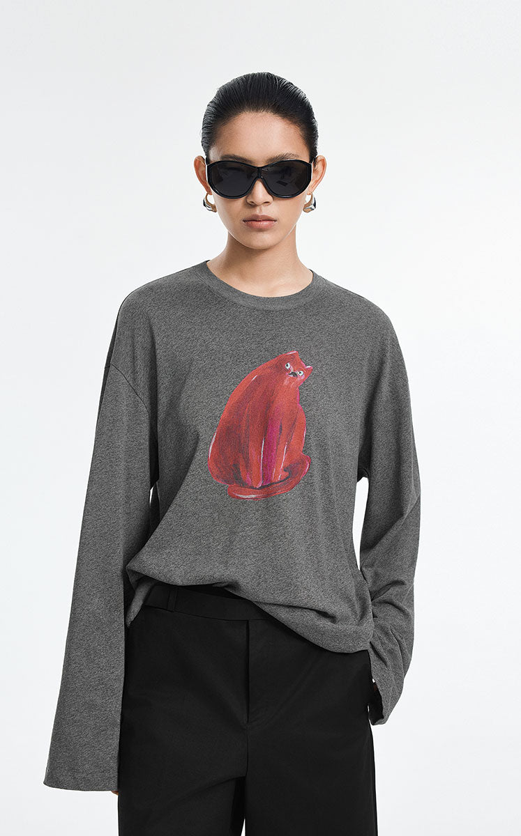 T-Shirt / JNBY Cotton Acrylic Cat Print Oversized Tee